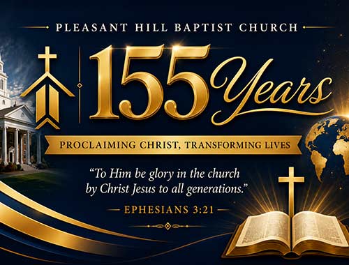 black and gold advertisement celebrating 155 years and the scripture Ephesians 3:21